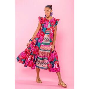 Carolina K Barbella Colorful Silk Blend Flutter Sleeve Midi Dress Size Small